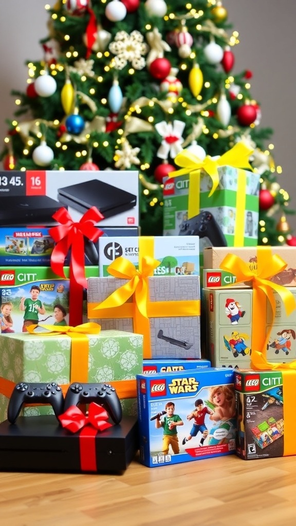 A collection of Christmas gifts for a teenage boy, featuring gaming gear, sports items, and LEGO sets, arranged under a Christmas tree.